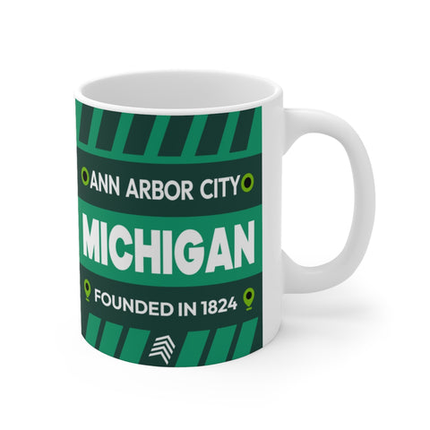 11oz Ceramic mug for Ann Arbor City, Michigan Side view