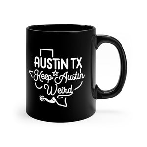 11oz black ceramic mug for Austin, Texas Side view