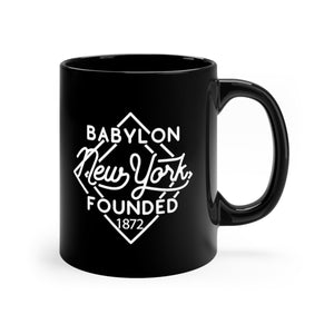 11oz black ceramic mug for Babylon, New York Side view