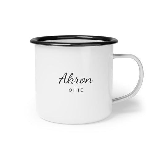 12oz enamel camp cup for Akron, Ohio Side view