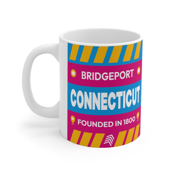 11oz Ceramic mug for Bridgeport, Connecticut. Side view