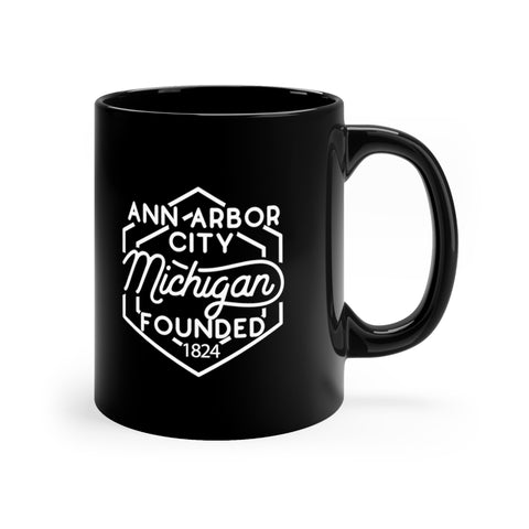 11oz black ceramic mug for Ann Arbor City, Michigan Side view