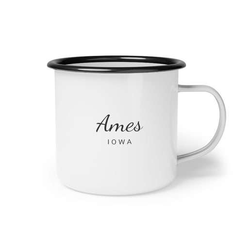 12oz enamel camp cup for Ames, Iowa Side view