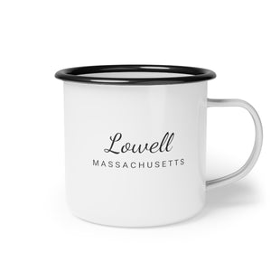 12oz enamel camp cup for Lowell, Massachusetts Side view