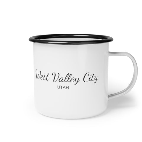 12oz enamel camp cup for West Valley City, Utah. Side view
