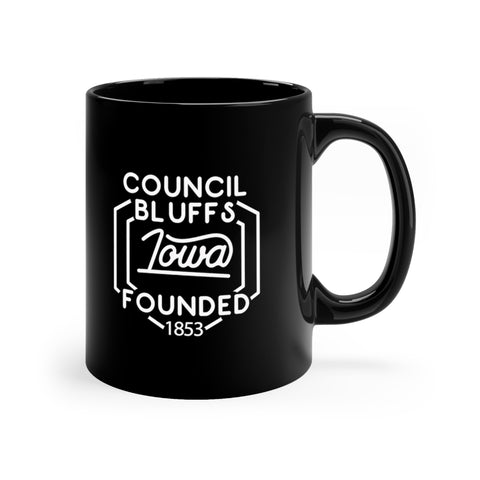 11oz black ceramic mug for Council Bluffs, Iowa Side view