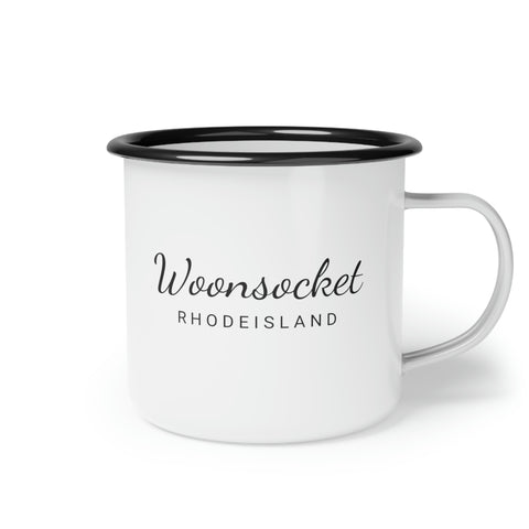 12oz enamel camp cup for Woonsocket, Rhode Island Side view