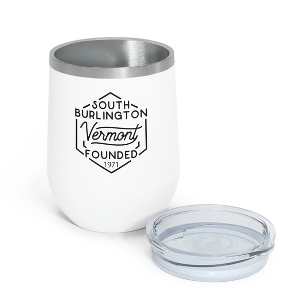 12oz wine tumbler for South Burlington, Vermont with lid off in White