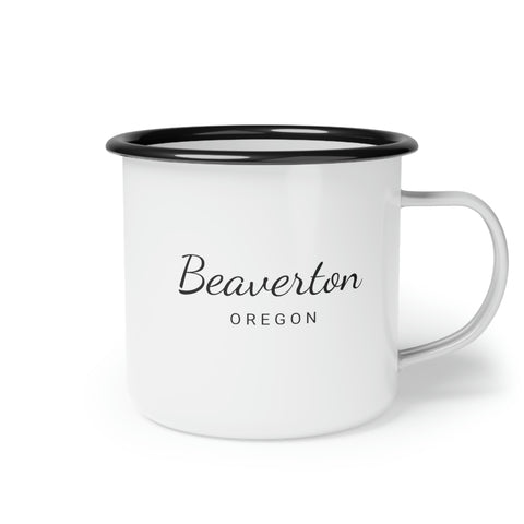 12oz enamel camp cup for Beaverton, Oregon Side view