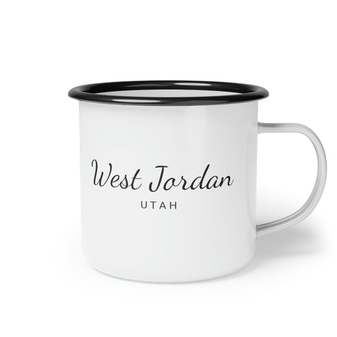 12oz enamel camp cup for West Jordan, Utah Side view