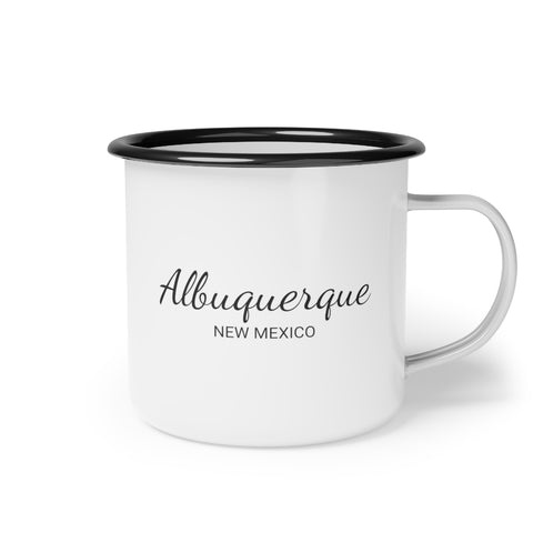 12oz enamel camp cup for Albuquerque, New Mexico. Side view