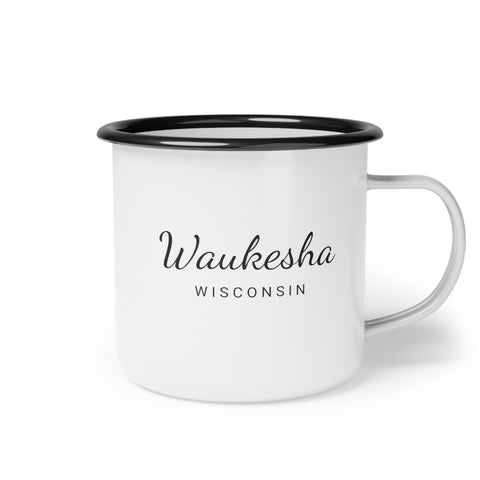 12oz enamel camp cup for Waukesha, Wisconsin Side view
