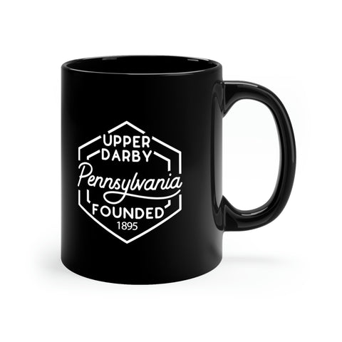 11oz black ceramic mug for Upper Darby, Pennsylvania Side view