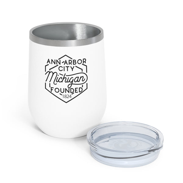 12oz wine tumbler for Ann Arbor City, Michigan with lid off in White
