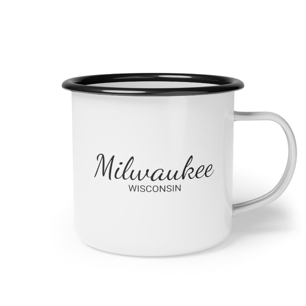 12oz enamel camp cup for Milwaukee, Wisconsin Side view